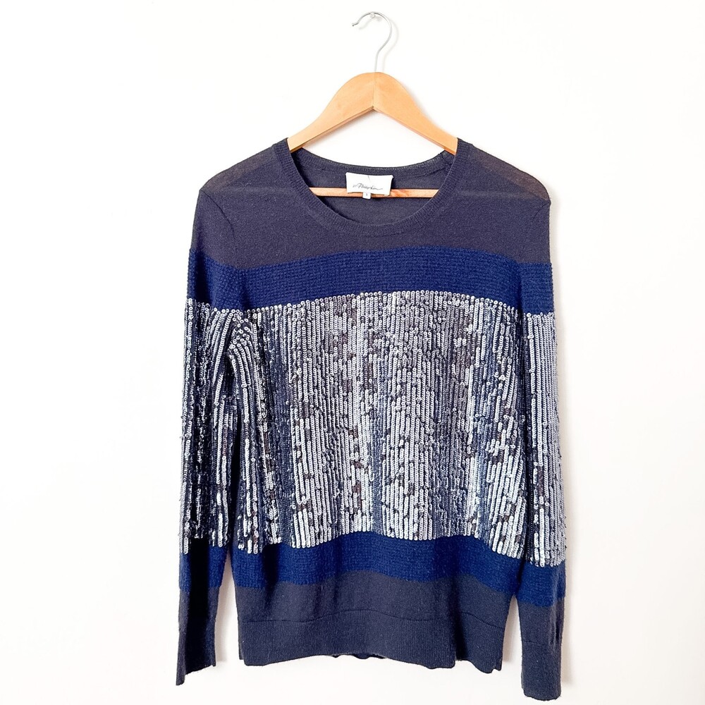 3:1 Phillip Lim Women’s Sweater Wool Sequin Size SMALL Navy Elegant Merino Wool - Picture 2 of 11